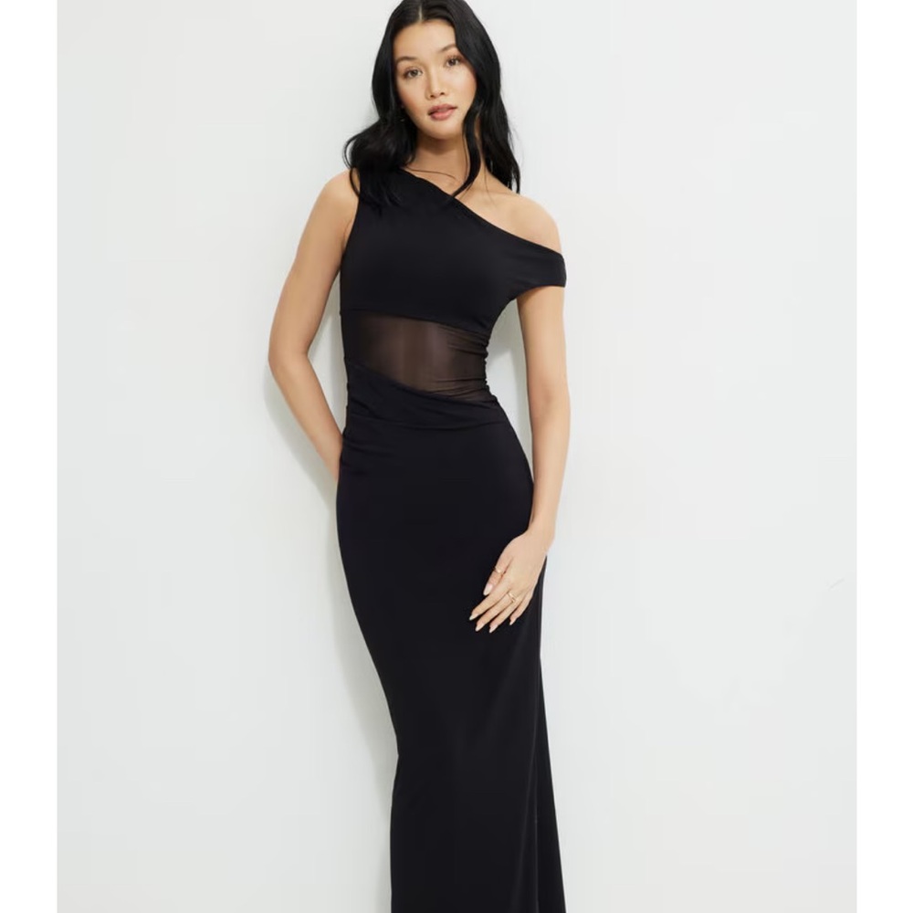 Dynamite Black One-Shoulder Mesh Dressed
